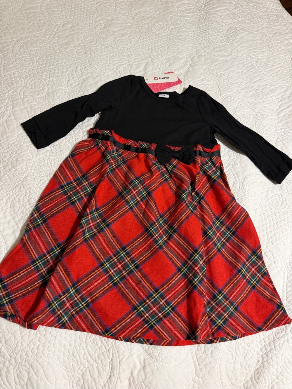 PatPat Black Top with Red Plaid Skirt and Waist Bow Girls Size 2Y